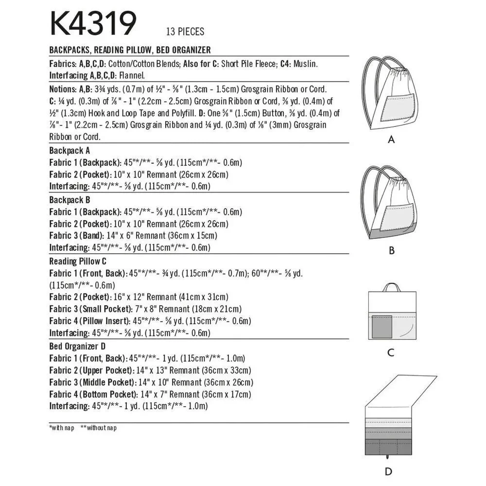 Kwik Sew Sewing Pattern 4319 Backpacks Pillow Bed Organizer‎